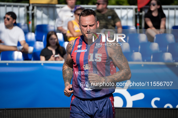 Maciej Adamkiewicz participates in the LOTTO 3x3 League basketball game in Sosnowiec, Poland, on September 7, 2024. The Lotto 3x3 Liga tourn...