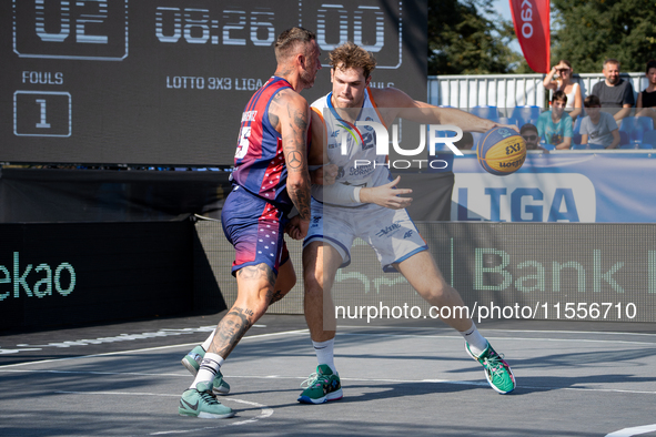 Maksymilian Szefler participates in the LOTTO 3x3 League basketball game in Sosnowiec, Poland, on September 7, 2024. The Lotto 3x3 Liga tour...