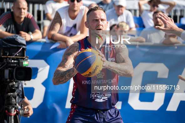 Maciej Adamkiewicz participates in the LOTTO 3x3 League basketball game in Sosnowiec, Poland, on September 7, 2024. The Lotto 3x3 Liga tourn...