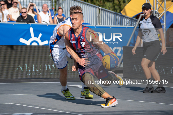 Piotr Dabrowski participates in the LOTTO 3x3 League basketball game in Sosnowiec, Poland, on September 7, 2024. The Lotto 3x3 Liga tourname...