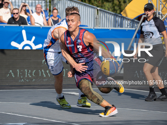 Piotr Dabrowski participates in the LOTTO 3x3 League basketball game in Sosnowiec, Poland, on September 7, 2024. The Lotto 3x3 Liga tourname...