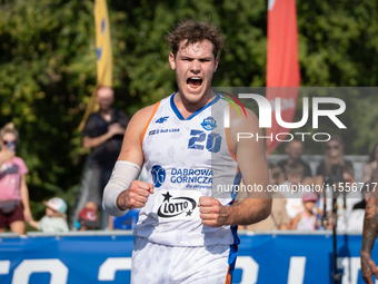 Maksymilian Szefler participates in the LOTTO 3x3 League basketball game in Sosnowiec, Poland, on September 7, 2024. The Lotto 3x3 Liga tour...