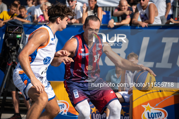 Marcin Biranowski participates in the LOTTO 3x3 League basketball game in Sosnowiec, Poland, on September 7, 2024. The Lotto 3x3 Liga tourna...