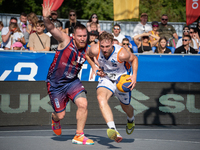 Patryk Andres and Krystian Zawadzki participate in the LOTTO 3x3 League basketball game in Sosnowiec, Poland, on September 7, 2024. The Lott...