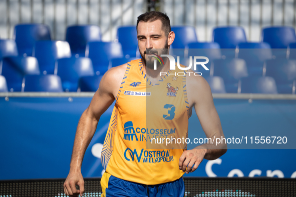 Piotr Karpacz participates in the LOTTO 3x3 League basketball game in Sosnowiec, Poland, on September 7, 2024. The Lotto 3x3 Liga tournament...