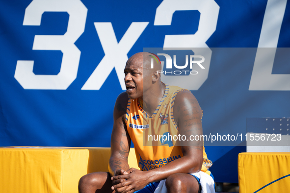 Michael Hicks participates in the LOTTO 3x3 League basketball game in Sosnowiec, Poland, on September 7, 2024. Lotto 3x3 Liga tournament mat...