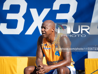 Michael Hicks participates in the LOTTO 3x3 League basketball game in Sosnowiec, Poland, on September 7, 2024. Lotto 3x3 Liga tournament mat...