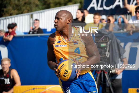 Michael Hicks participates in the LOTTO 3x3 League basketball game in Sosnowiec, Poland, on September 7, 2024. Lotto 3x3 Liga tournament mat...