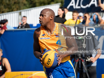 Michael Hicks participates in the LOTTO 3x3 League basketball game in Sosnowiec, Poland, on September 7, 2024. Lotto 3x3 Liga tournament mat...