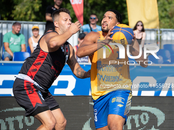 DeAnte Barnes participates in the LOTTO 3x3 League basketball game in Sosnowiec, Poland, on September 7, 2024. The Lotto 3x3 Liga tournament...