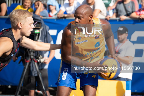 Michael Hicks participates in the LOTTO 3x3 League basketball game in Sosnowiec, Poland, on September 7, 2024. Lotto 3x3 Liga tournament mat...