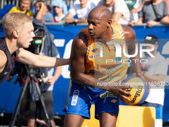 Michael Hicks participates in the LOTTO 3x3 League basketball game in Sosnowiec, Poland, on September 7, 2024. Lotto 3x3 Liga tournament mat...