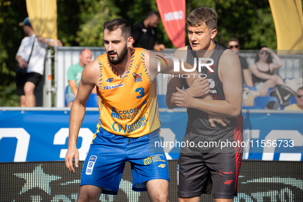 Piotr Karpacz participates in the LOTTO 3x3 League basketball game in Sosnowiec, Poland, on September 7, 2024. The Lotto 3x3 Liga tournament...