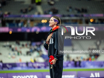 Martina Caironi of Italy wins a gold medal in the Women's 100m - T63 Final at Stade de France during the Paris 2024 Paralympic Games in Pari...