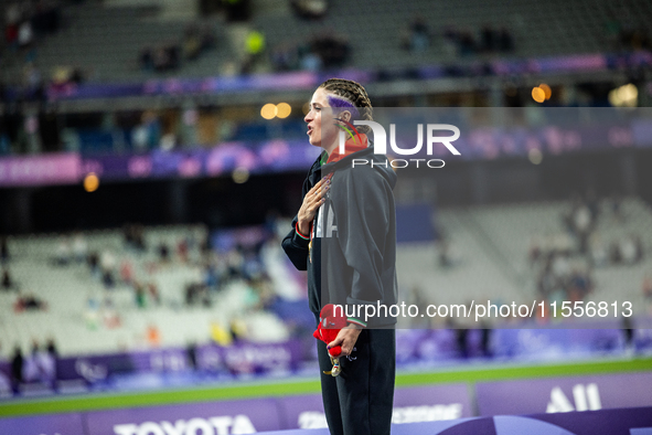 Martina Caironi of Italy wins a gold medal in the Women's 100m - T63 Final at Stade de France during the Paris 2024 Paralympic Games in Pari...