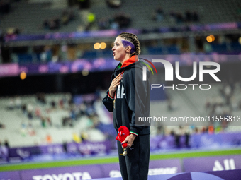 Martina Caironi of Italy wins a gold medal in the Women's 100m - T63 Final at Stade de France during the Paris 2024 Paralympic Games in Pari...