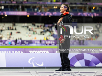 Martina Caironi of Italy wins a gold medal in the Women's 100m - T63 Final at Stade de France during the Paris 2024 Paralympic Games in Pari...