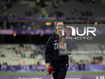 Martina Caironi of Italy wins a gold medal in the Women's 100m - T63 Final at Stade de France during the Paris 2024 Paralympic Games in Pari...