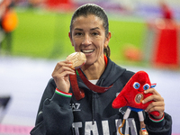 Monica Contrafatto of Italy poses with the bronze medal after the Women's 100m - T63 Final at Stade de France during the Paris 2024 Paralymp...