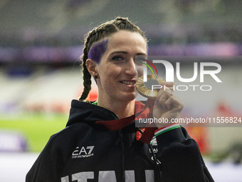 Martina Caironi of Italy wins a gold medal in the Women's 100m - T63 Final at Stade de France during the Paris 2024 Paralympic Games in Pari...