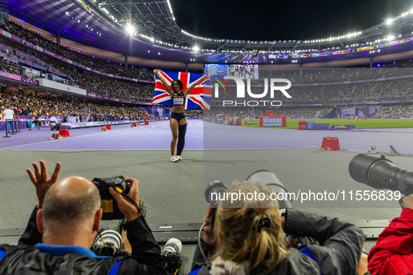 Okoh Ndidikama of the UK reacts after the Women's 100m - T63 Final at Stade de France during the Paris 2024 Paralympic Games in Paris, Franc...