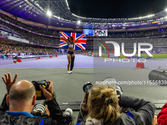 Okoh Ndidikama of the UK reacts after the Women's 100m - T63 Final at Stade de France during the Paris 2024 Paralympic Games in Paris, Franc...