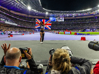 Okoh Ndidikama of the UK reacts after the Women's 100m - T63 Final at Stade de France during the Paris 2024 Paralympic Games in Paris, Franc...