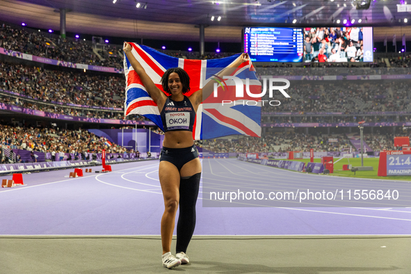 Okoh Ndidikama of the UK reacts after the Women's 100m - T63 Final at Stade de France during the Paris 2024 Paralympic Games in Paris, Franc...