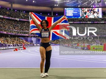 Okoh Ndidikama of the UK reacts after the Women's 100m - T63 Final at Stade de France during the Paris 2024 Paralympic Games in Paris, Franc...