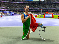 Martina Caironi of Italy reacts after she wins the Women's 100m - T63 Final at State de France during the Paris 2024 Paralympic Games in Par...