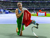 Martina Caironi of Italy reacts after she wins the Women's 100m - T63 Final at State de France during the Paris 2024 Paralympic Games in Par...