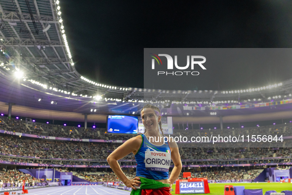 Martina Caironi of Italy reacts after she wins the Women's 100m - T63 Final at State de France during the Paris 2024 Paralympic Games in Par...