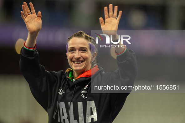 Martina Caironi of Italy wins a gold medal in the Women's 100m - T63 Final at Stade de France during the Paris 2024 Paralympic Games in Pari...