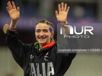 Martina Caironi of Italy wins a gold medal in the Women's 100m - T63 Final at Stade de France during the Paris 2024 Paralympic Games in Pari...