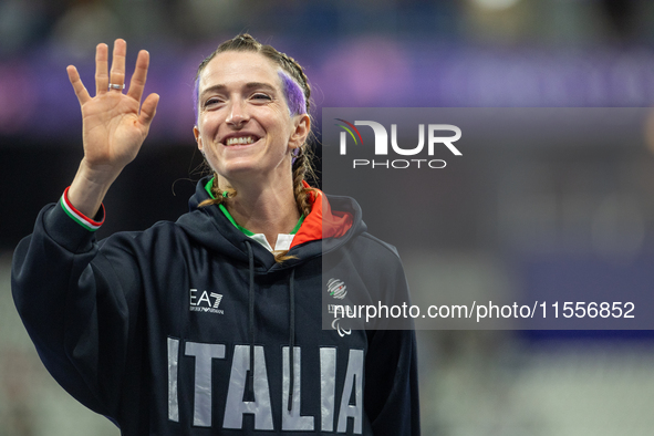 Martina Caironi of Italy wins a gold medal in the Women's 100m - T63 Final at Stade de France during the Paris 2024 Paralympic Games in Pari...