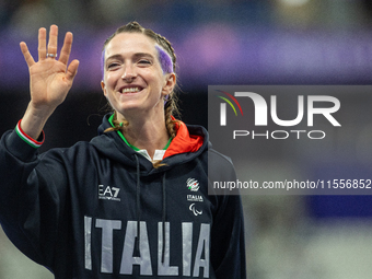 Martina Caironi of Italy wins a gold medal in the Women's 100m - T63 Final at Stade de France during the Paris 2024 Paralympic Games in Pari...