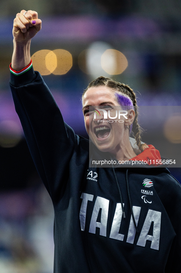 Martina Caironi of Italy wins a gold medal in the Women's 100m - T63 Final at Stade de France during the Paris 2024 Paralympic Games in Pari...