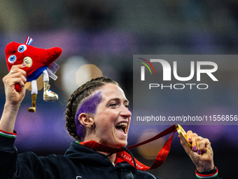 Martina Caironi of Italy wins a gold medal in the Women's 100m - T63 Final at Stade de France during the Paris 2024 Paralympic Games in Pari...