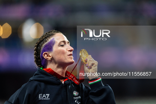 Martina Caironi of Italy wins a gold medal in the Women's 100m - T63 Final at Stade de France during the Paris 2024 Paralympic Games in Pari...