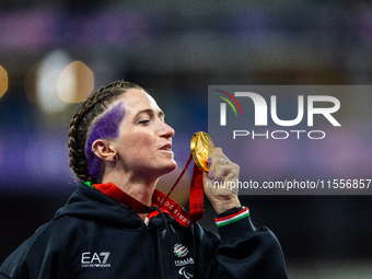 Martina Caironi of Italy wins a gold medal in the Women's 100m - T63 Final at Stade de France during the Paris 2024 Paralympic Games in Pari...