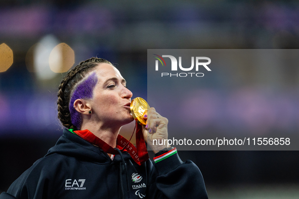 Martina Caironi of Italy wins a gold medal in the Women's 100m - T63 Final at Stade de France during the Paris 2024 Paralympic Games in Pari...