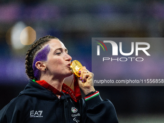 Martina Caironi of Italy wins a gold medal in the Women's 100m - T63 Final at Stade de France during the Paris 2024 Paralympic Games in Pari...