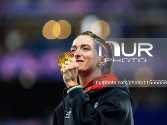 Martina Caironi of Italy wins a gold medal in the Women's 100m - T63 Final at Stade de France during the Paris 2024 Paralympic Games in Pari...