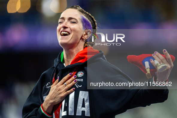 Martina Caironi of Italy wins a gold medal in the Women's 100m - T63 Final at Stade de France during the Paris 2024 Paralympic Games in Pari...