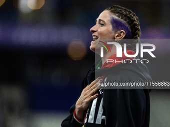 Martina Caironi of Italy wins a gold medal in the Women's 100m - T63 Final at Stade de France during the Paris 2024 Paralympic Games in Pari...