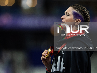 Martina Caironi of Italy wins a gold medal in the Women's 100m - T63 Final at Stade de France during the Paris 2024 Paralympic Games in Pari...