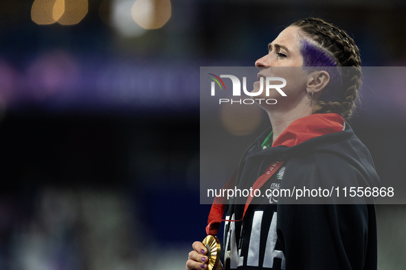 Martina Caironi of Italy wins a gold medal in the Women's 100m - T63 Final at Stade de France during the Paris 2024 Paralympic Games in Pari...