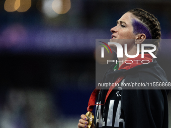 Martina Caironi of Italy wins a gold medal in the Women's 100m - T63 Final at Stade de France during the Paris 2024 Paralympic Games in Pari...