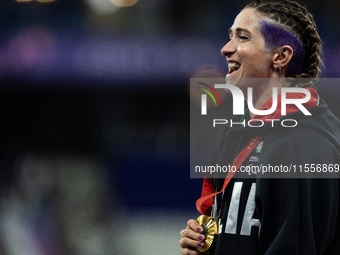 Martina Caironi of Italy wins a gold medal in the Women's 100m - T63 Final at Stade de France during the Paris 2024 Paralympic Games in Pari...