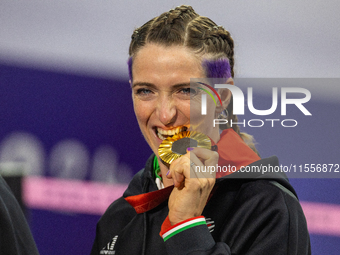 Martina Caironi of Italy wins a gold medal in the Women's 100m - T63 Final at Stade de France during the Paris 2024 Paralympic Games in Pari...